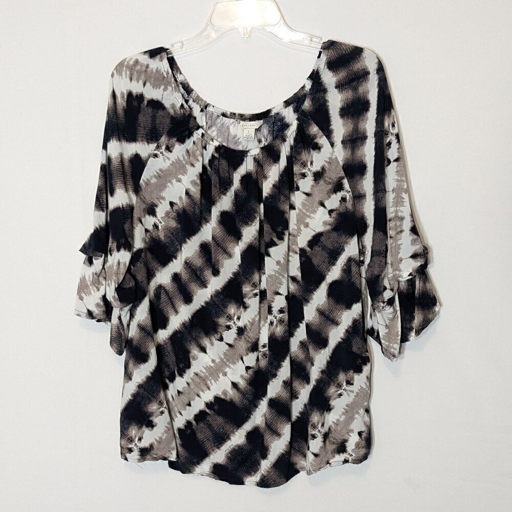 CATO EST 1946, Brown/Black Lightweight Tie Dye Peasant Blouse Top; Size L